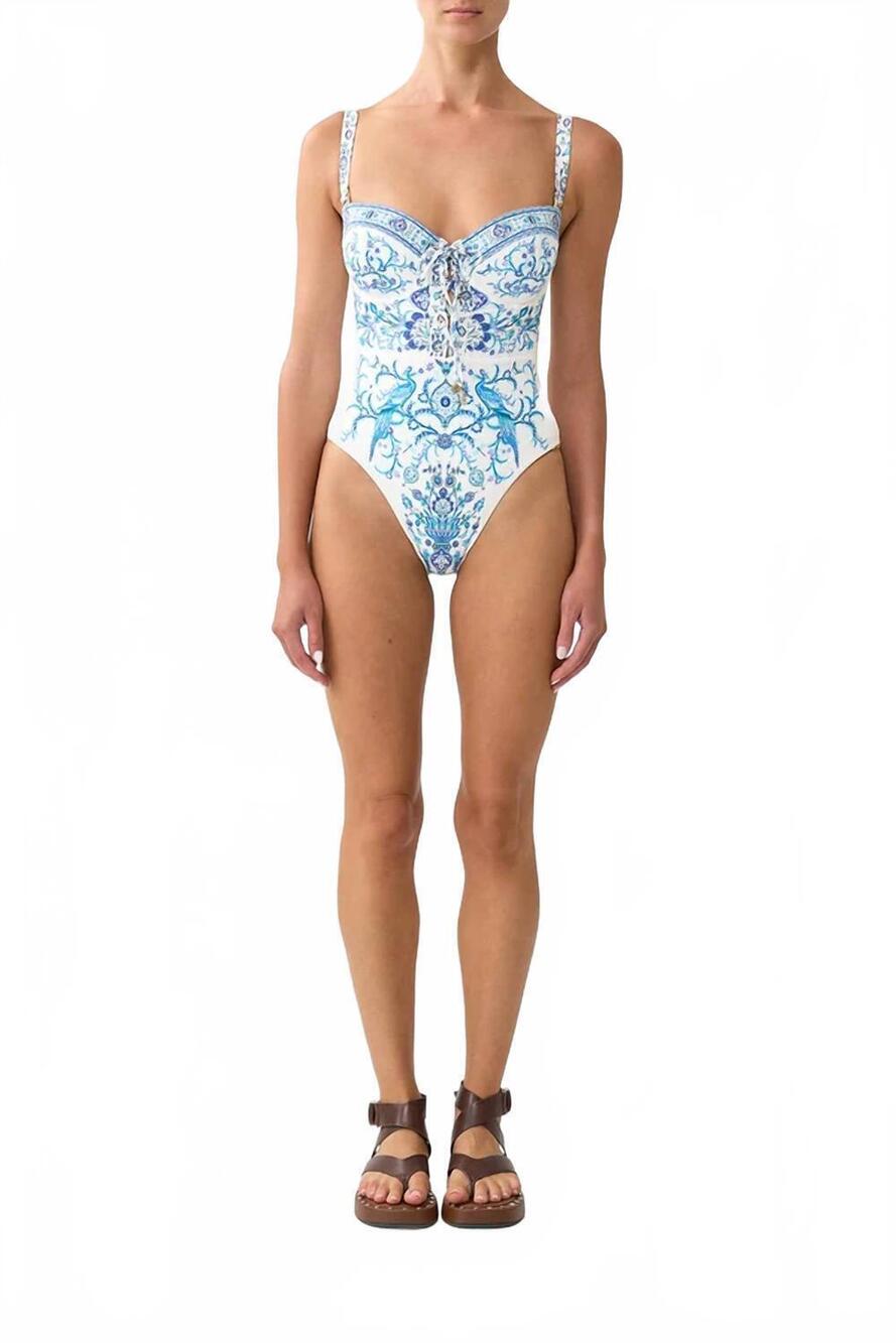 NEW CAMILLA lace up underwire moulded cup one piece swimwear in isnik lullaby